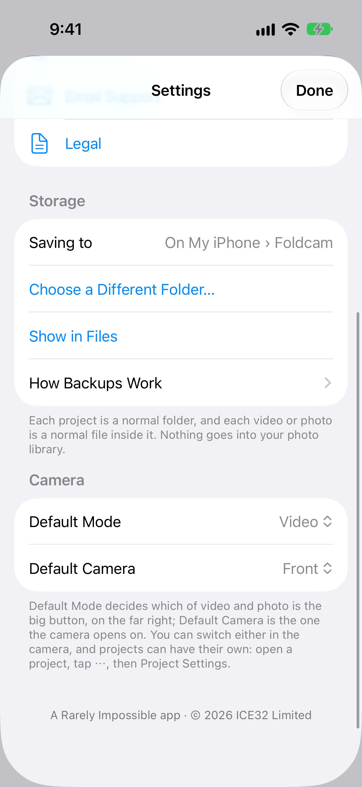 Foldcam settings: Storage saving to On My iPhone › Foldcam with Choose a Different Folder, Show in Files and How Backups Work, then the Camera section with Default Mode set to Video and Default Camera set to Front