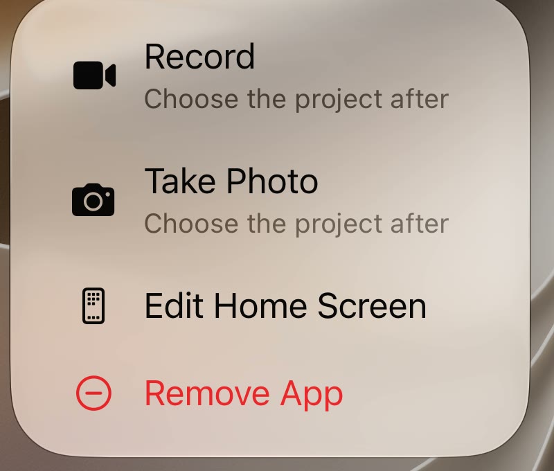 The Home Screen menu for Foldcam: Record and Take Photo, each with the subtitle “Choose the project after”, above Edit Home Screen and Remove App