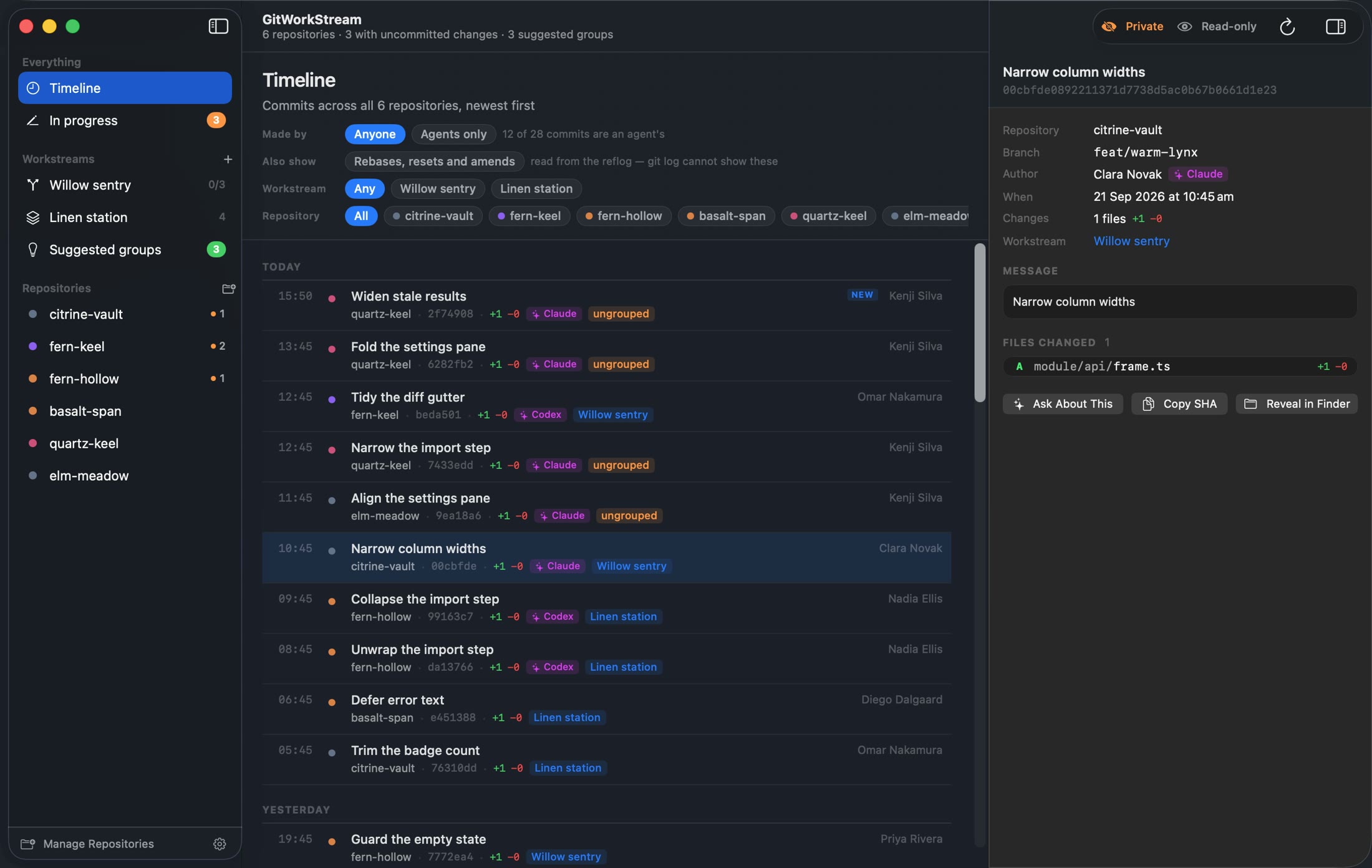 The Timeline after: a new commit, Widen stale results by Claude at 15:50, has appeared at the top with a NEW marker.