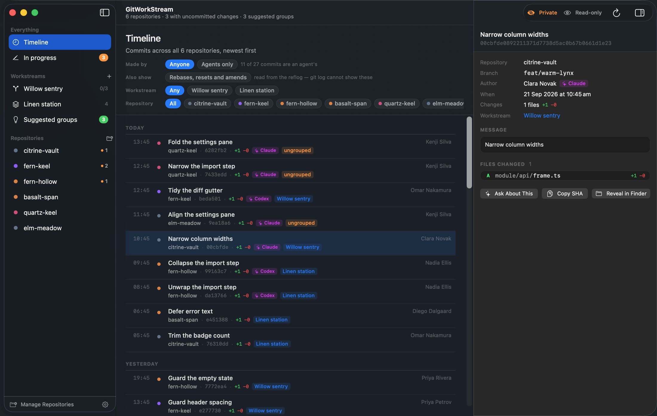 The Timeline before: the newest commit is Fold the settings pane at 13:45.