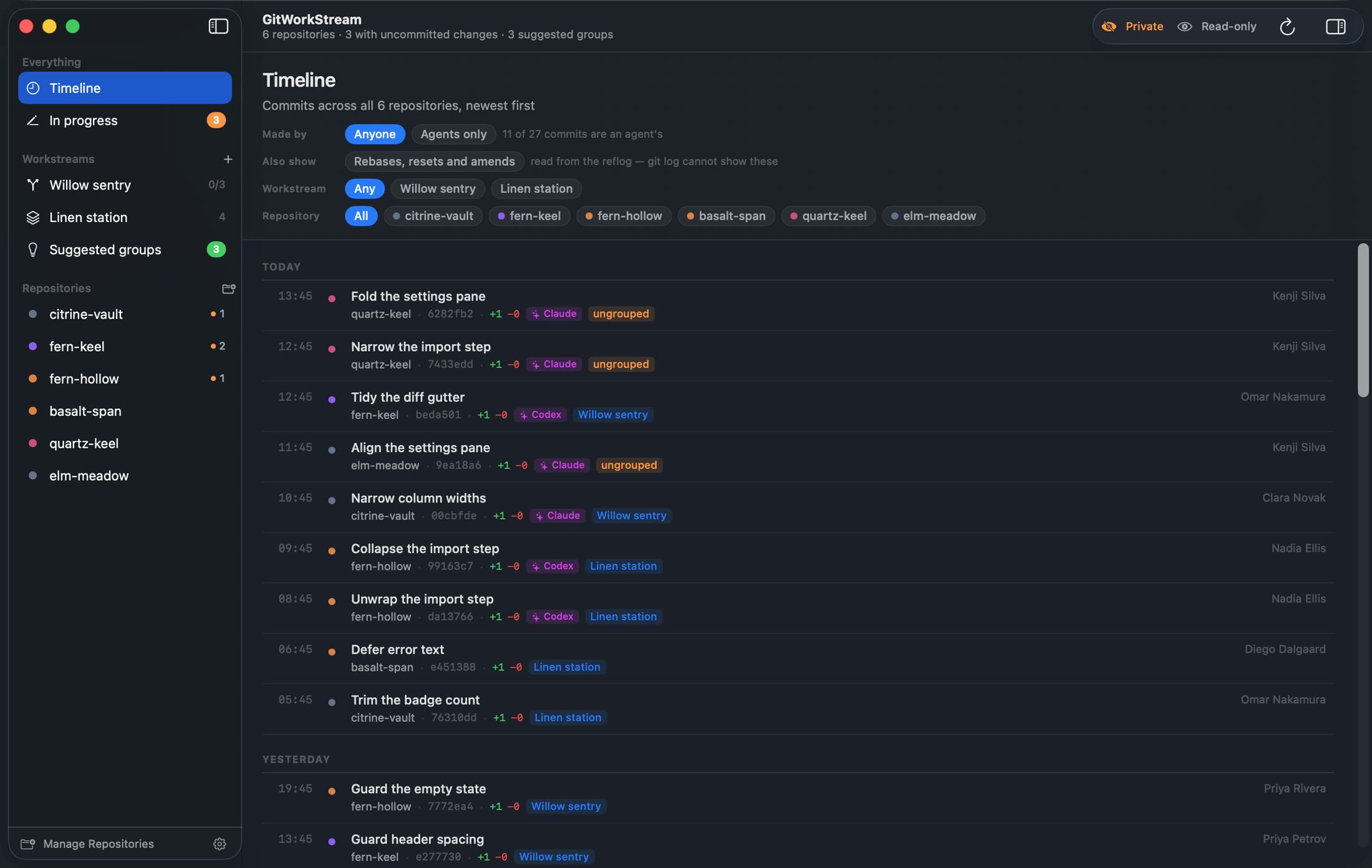 GitWorkStream's Timeline: commits across six repositories, newest first, with Claude and Codex badges on the commits agents made, and filters for Made by, workstream and repository.