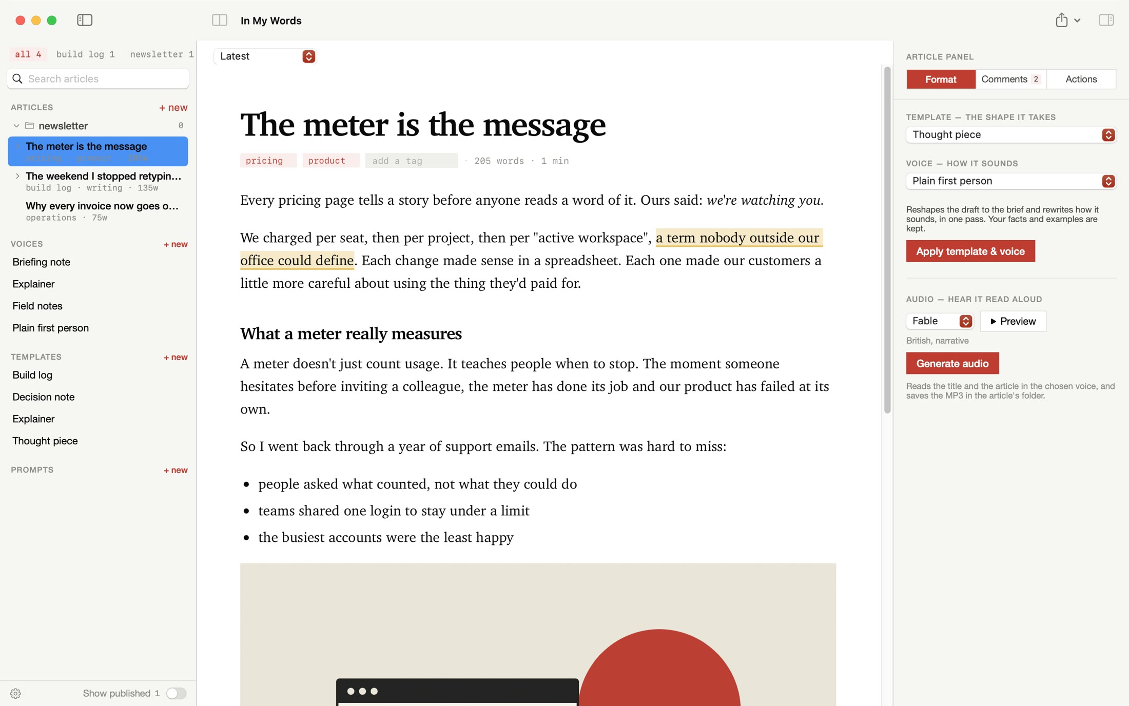 The Format tab of the article panel: template, voice, Apply template & voice, and audio