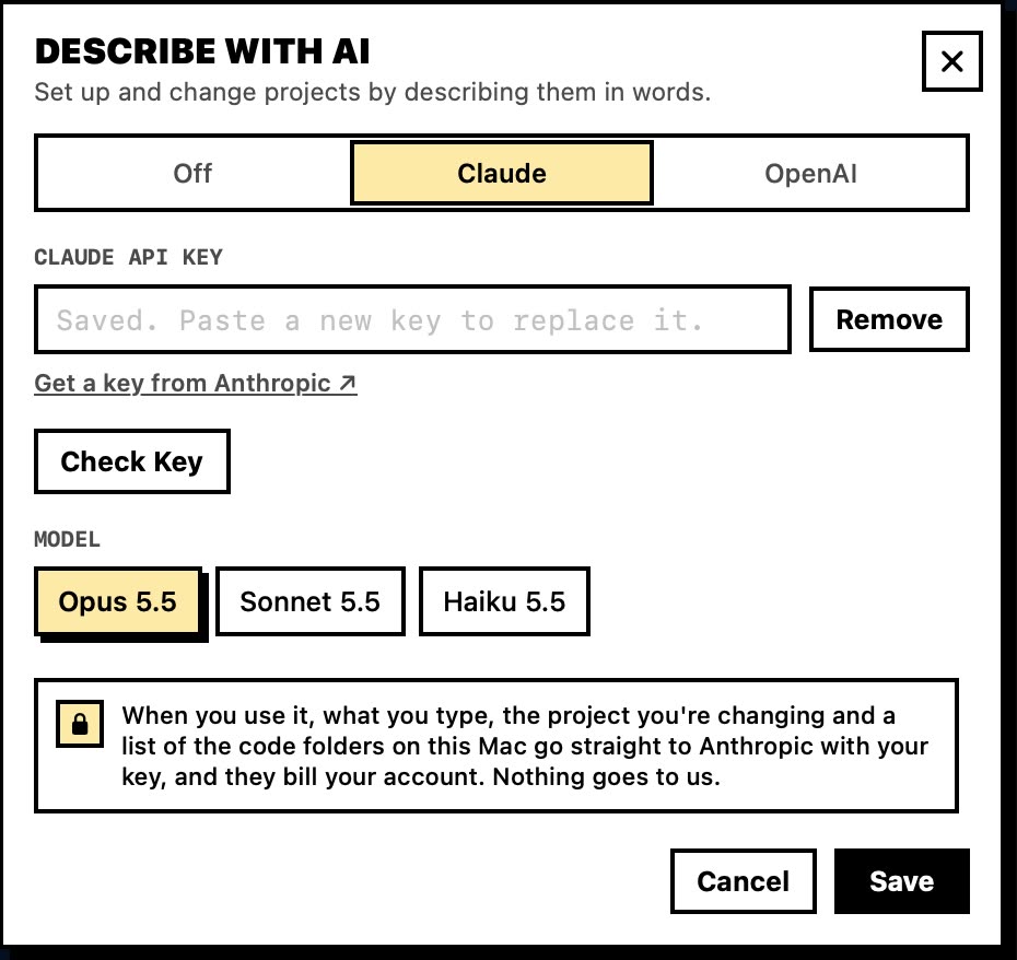 Describe with AI settings: Off, Claude or OpenAI; a saved Claude API key with a Remove button; Check Key; model choices Opus 5.5, Sonnet 5.5 and Haiku 5.5; and a note that what you type, the project you're changing and a list of code folders go straight to Anthropic with your key.