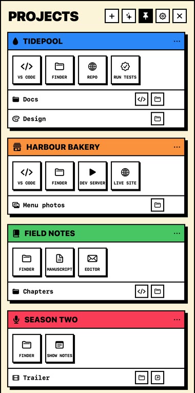 The panel in the Brutalist look: cream background, white boxes with thick black outlines and hard shadows, uppercase project names on coloured bands.