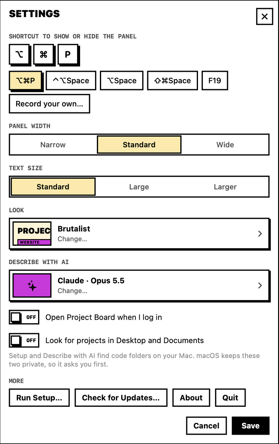 Settings: shortcut keycaps and presets, panel width Narrow, Standard or Wide, the look, Describe with AI set to Claude, switches for opening at login and looking in Desktop and Documents, and Run Setup, About and Quit.