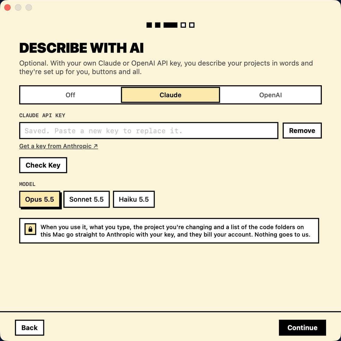 Setup, Describe with AI: optional. Off, Claude or OpenAI, a key field, Check Key and model choices, with a note on what's sent.