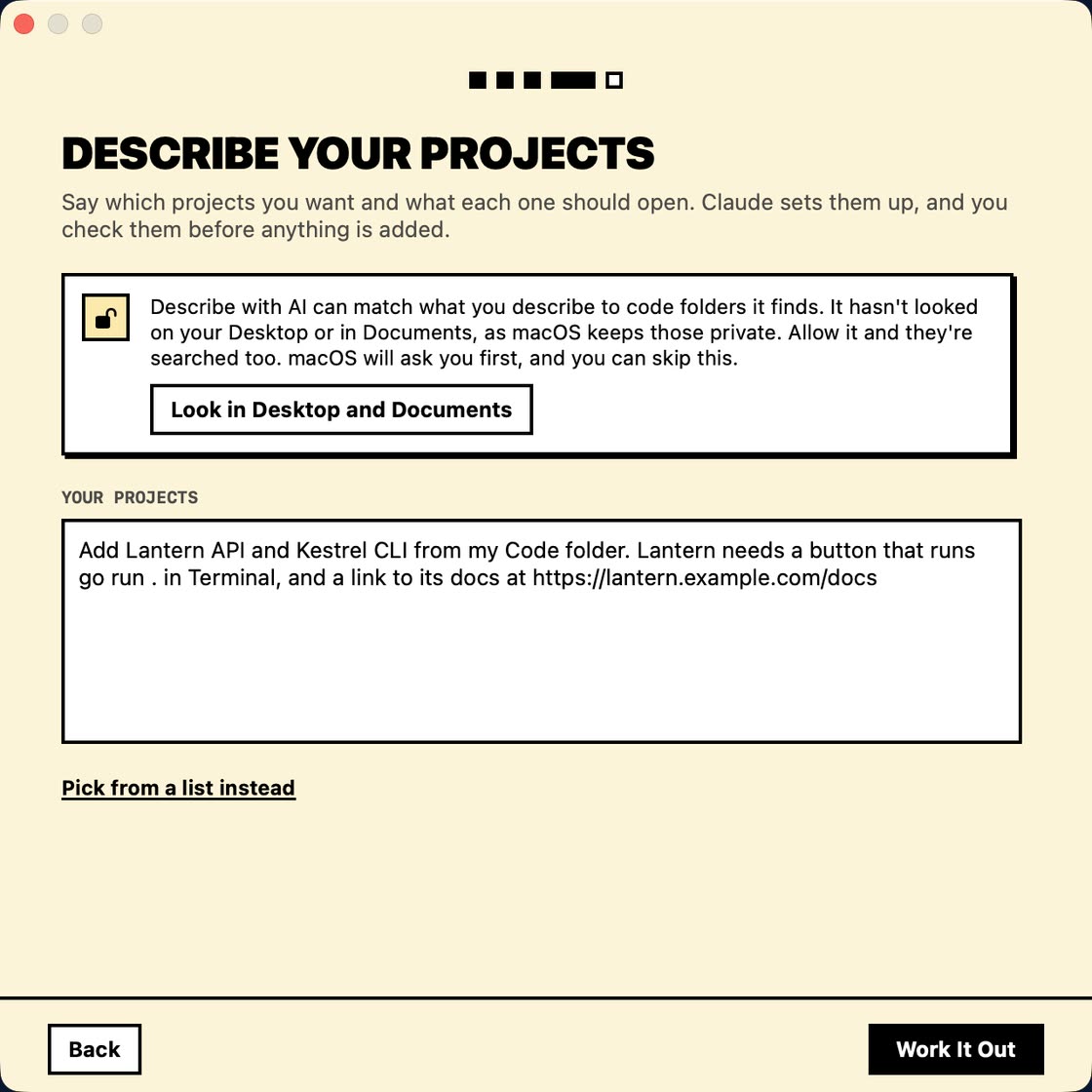 Setup, Describe your projects: a box to say which projects you want and what each should open, with Work It Out, and a link to pick from a list instead.