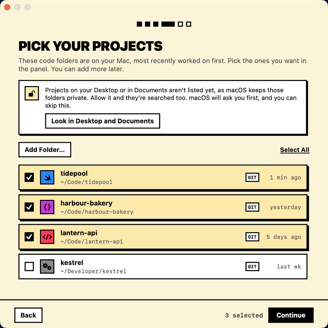 Setup, Pick your projects: code folders found on this Mac, most recently worked on first, each with a git tag and when it was last worked on, three of them ticked.