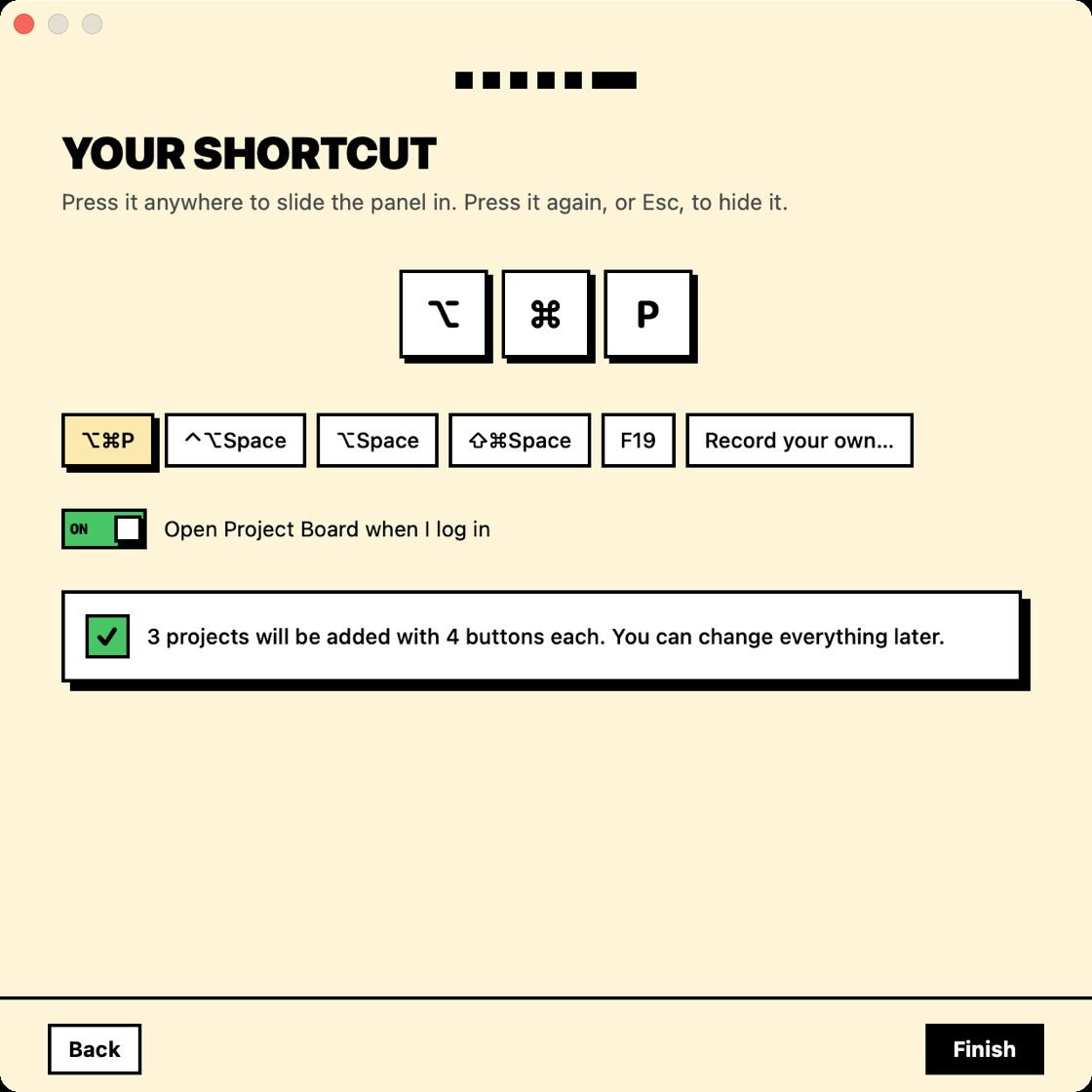 Setup, Your shortcut: Option-Command-P as keycaps, other presets, a switch to open at login, and a summary of the projects that will be added.