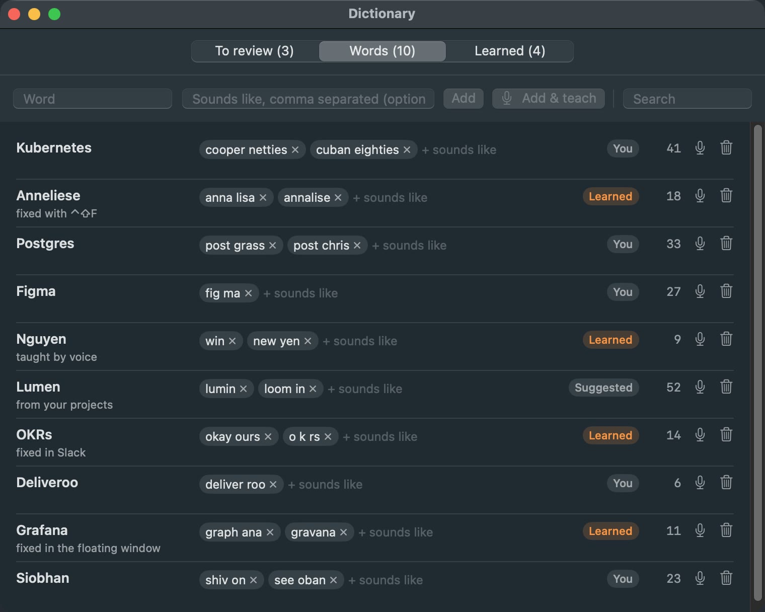 Dictionary window, Words tab: Kubernetes, Anneliese, Postgres, Figma, Nguyen and more, each with sounds-like variants, a source and a use count