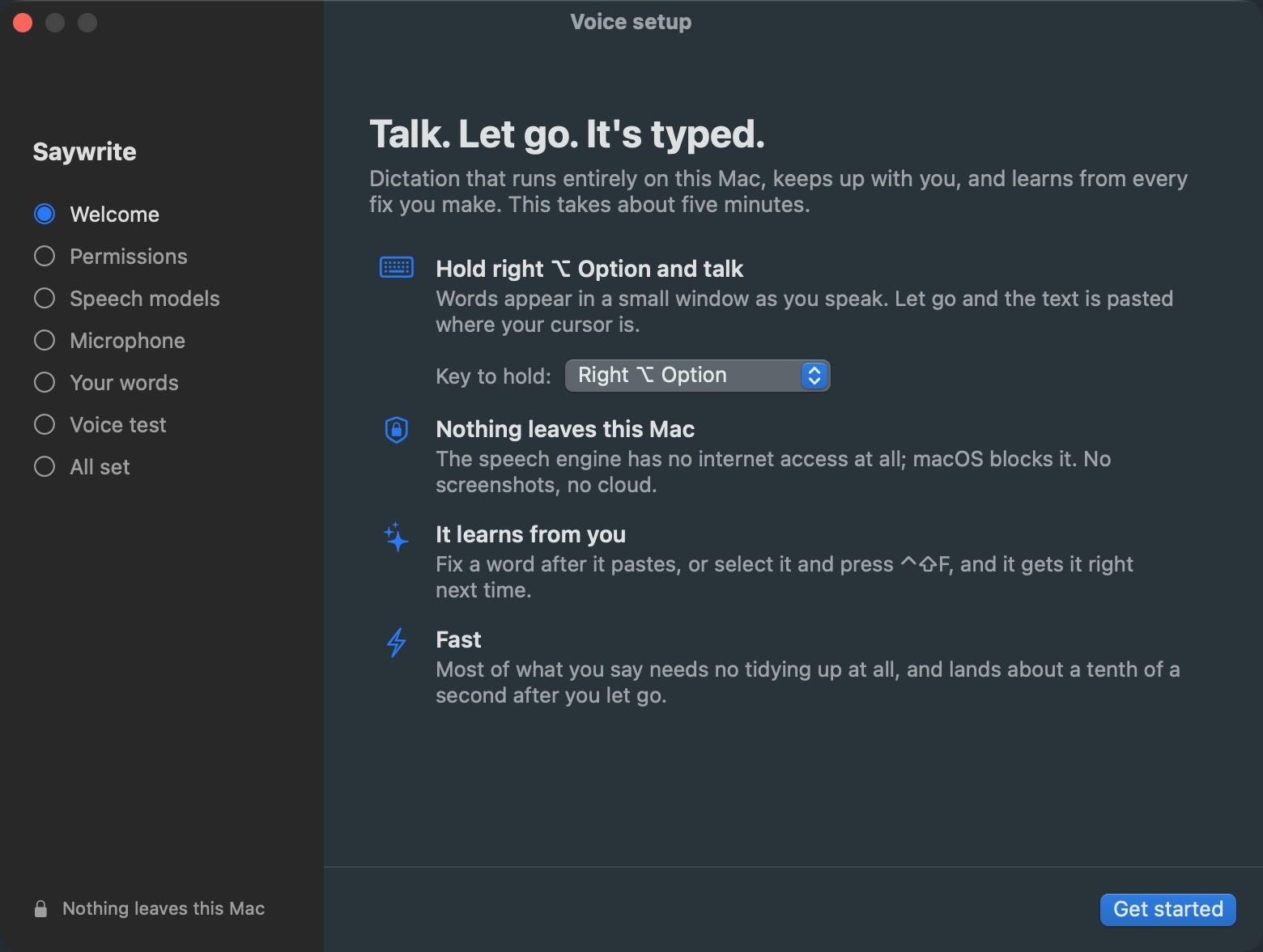 Voice setup welcome screen: Talk. Let go. It's typed. Hold right Option and talk; nothing leaves this Mac; it learns from you; fast.