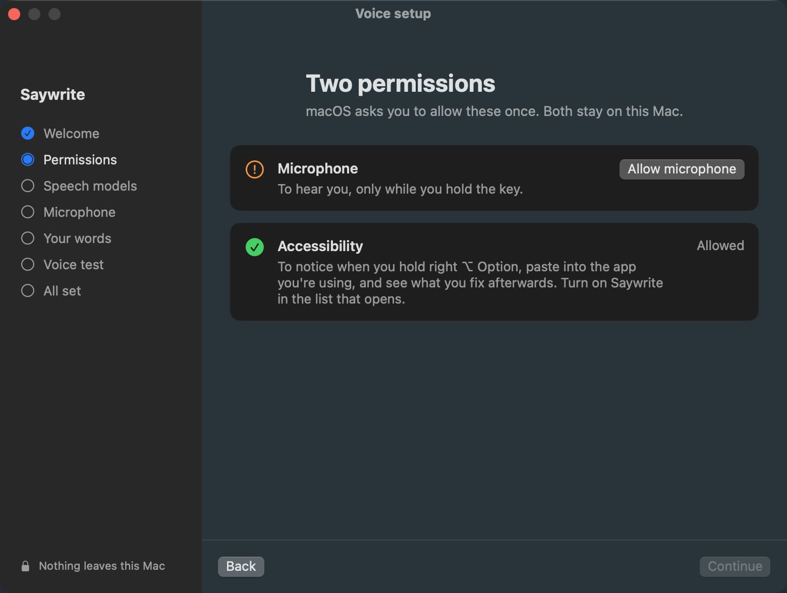 Voice setup, Two permissions: Microphone, to hear you only while you hold the key, and Accessibility.